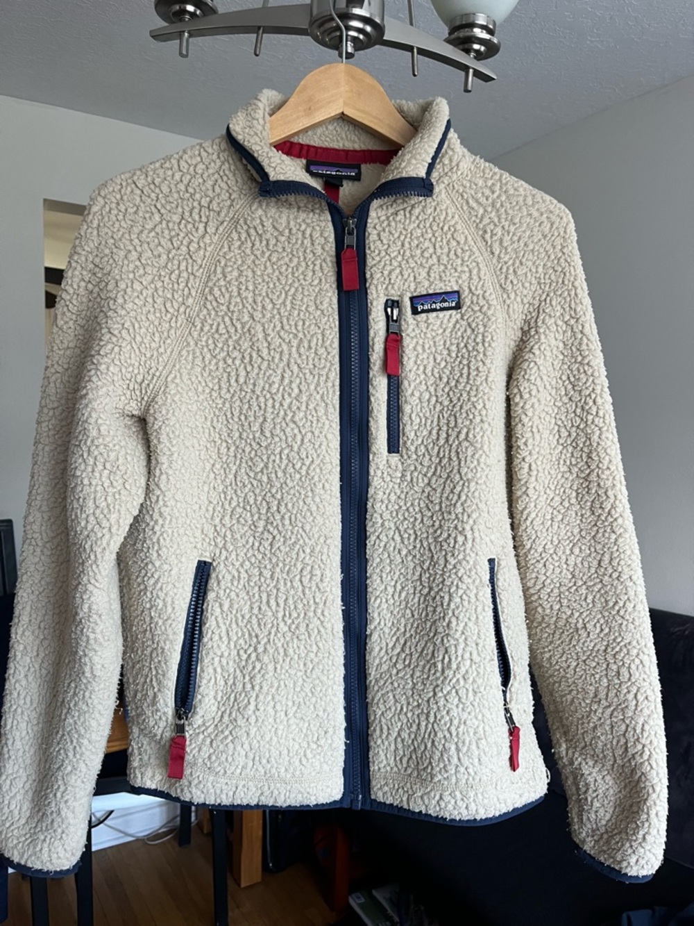Patagonia Cream Fleece Jacket with Navy and Red Accents